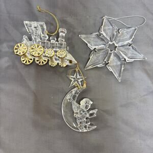 Clear Acrylic Christmas Ornament Lot of 3 Snowflake + Locomotive + Angel in Moon